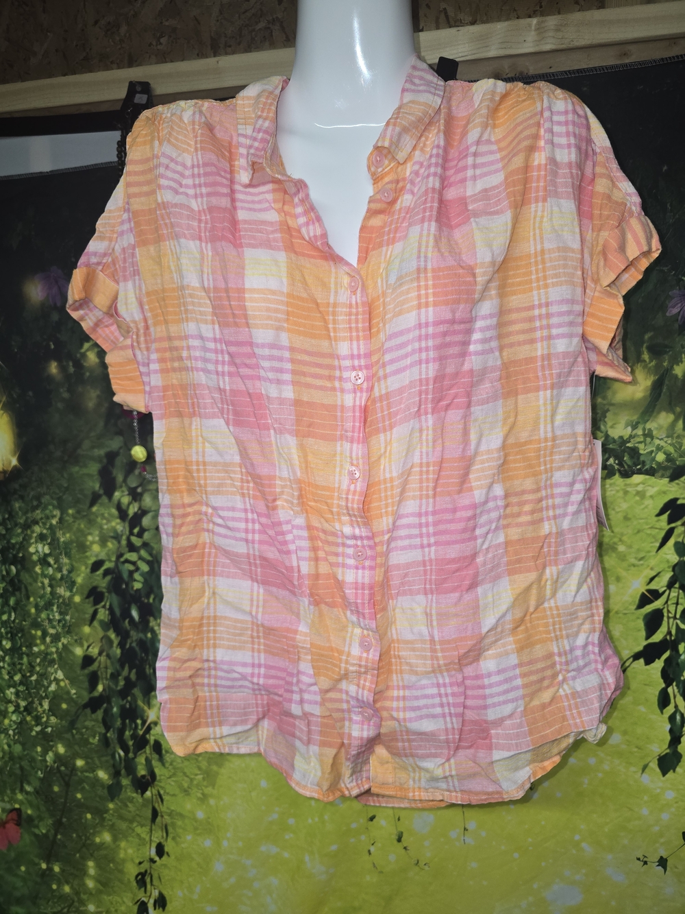 #176 Casual Pink & Orange Plaid Button-Down Women's Shirt